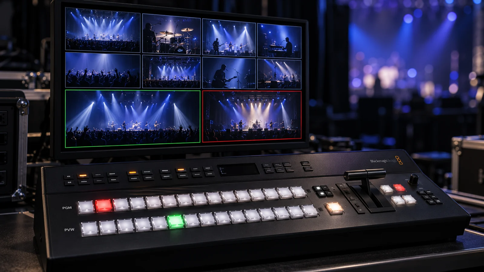 Illustration d’une régie vidéo de type ATEM avec écran multivue de concert