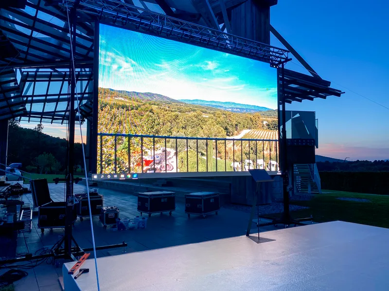 Outdoor LED wall operating at dusk