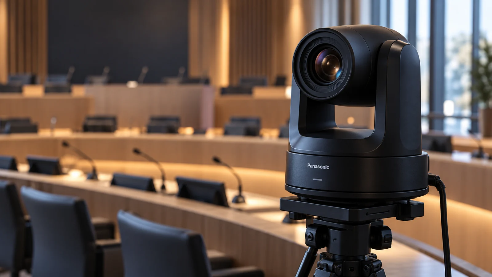 Illustration d’une caméra Panasonic à tourelle dans une salle de conférence